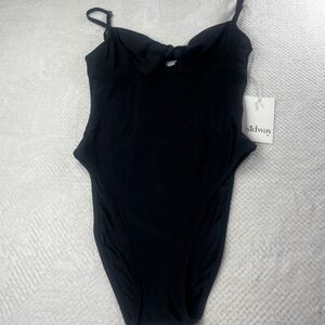 Sidway Black One Piece Swimsuit Tie Front High Cut Leg Lined Medium‎ NWT
